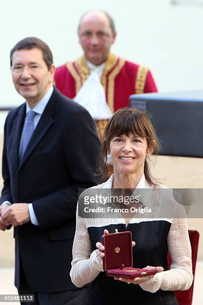 Italian screenwriter Francesca Marciano receives the Vittorio De Sica Awards 2013 from mayor of Rome Ignazio Marino at Esedra di Marco Aurelio Hall...