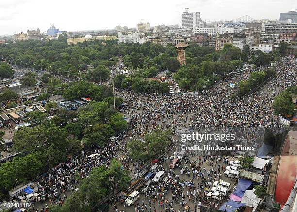 Huge crowd of Trinamool Congress supporters during Shaheed Diwas rally organized by the party at Esplanade on July 21, 2014 in Kolkata, India. The...