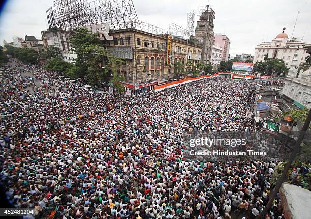 Huge crowd of Trinamool Congress supporters during Shaheed Diwas rally organized by the party at Esplanade on July 21, 2014 in Kolkata, India. The...