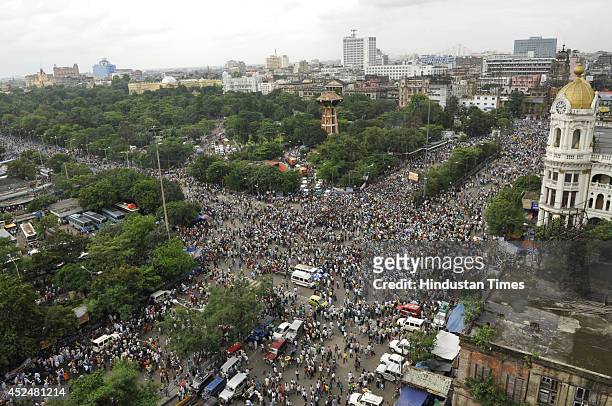 Huge crowd of Trinamool Congress supporters during Shaheed Diwas rally organized by the party at Esplanade on July 21, 2014 in Kolkata, India. The...
