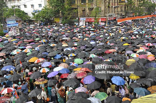 Huge crowd of Trinamool Congress supporters during Shaheed Diwas rally organized by the party at Esplanade on July 21, 2014 in Kolkata, India. The...