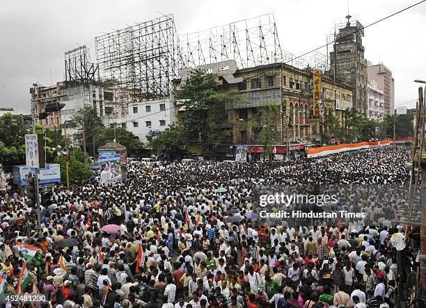 Huge crowd of Trinamool Congress supporters during Shaheed Diwas rally organized by the party at Esplanade on July 21, 2014 in Kolkata, India. The...