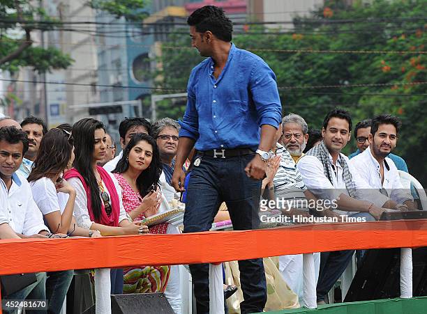 Tollywood stars during Shaheed Diwas rally organized by the TMC party at Esplanade on July 21, 2014 in Kolkata, India. The Trinamool rally was held...