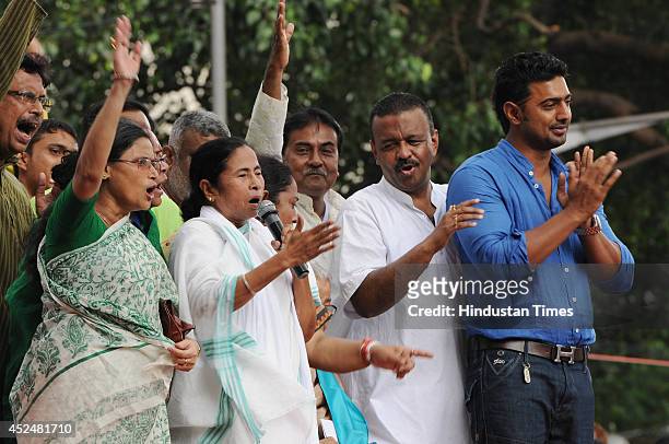 Party chief and West Bengal Chief Minister Mamata Banerjee speaks during Shaheed Diwas rally organized by the TMC party at Esplanade on July 21, 2014...