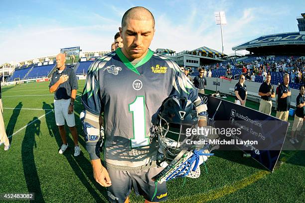 Joe Walters of the Chesapeake Bayhawks lines up for the National Anthem before a Major League Lacrosse game against the Rochester Rattlers on July...