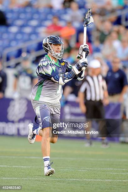 Joe Walters of the Chesapeake Bayhawks passes the ball during a Major League Lacrosse game against the Rochester Rattlers on July 17, 2014 at...