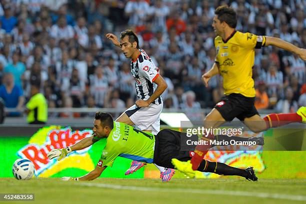 Cesar Delgado of Monterrey scores the second goal against Leones Negros during a match between Monterrey and Leones Negros as part of 1st round...