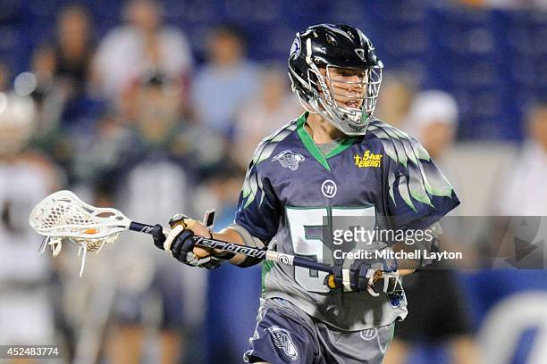 Peet Poillon of the Chesapeake Bayhawks looks to pass the ball during a Major League Lacrosse game against the Rochester Rattlers on July 17, 2014 at...