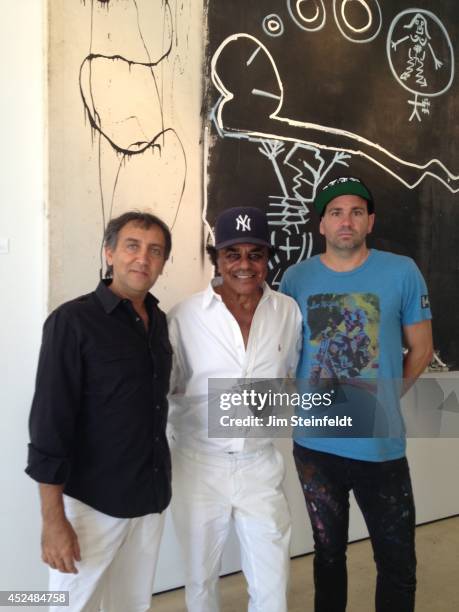 Danny Minnick art exhibit with Stephan Sparta, Johnny Mathis, and Danny Minnick in Los Angeles, California on July 10, 2014.