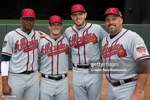 National League All-Stars Julio Teheran, Craig Kimbrel, Freddie Freeman and manager Fredi Gonzalez of the Atlanta Braves pose for a photo before the...