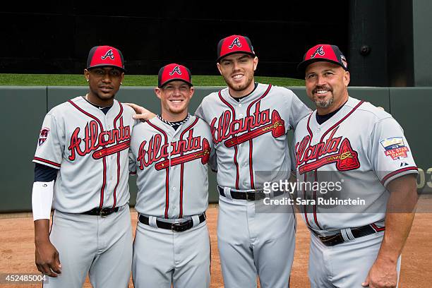 National League All-Stars Julio Teheran, Craig Kimbrel, Freddie Freeman and manager Fredi Gonzalez of the Atlanta Braves pose for a photo before the...