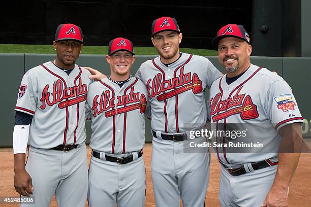 National League All-Stars Julio Teheran, Craig Kimbrel, Freddie Freeman and manager Fredi Gonzalez of the Atlanta Braves pose for a photo before the...