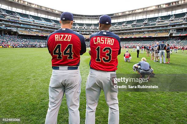 National League All-Stars Anthony Rizzo and Starlin Castro of the Chicago Cubs pose for a photo before the 85th MLB All-Star Game at Target Field on...