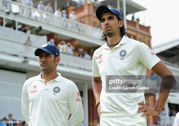 Mahendra Singh Dhoni and Ishant Sharma of India watch the presentations after day five of 2nd Investec Test match between England and India at Lord's...