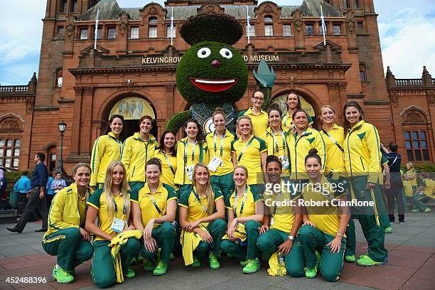 The Australian female swim team pose during the Australian Commonwealth Games official team reception at the Kelvin Grove Art Gallery and Museum on...