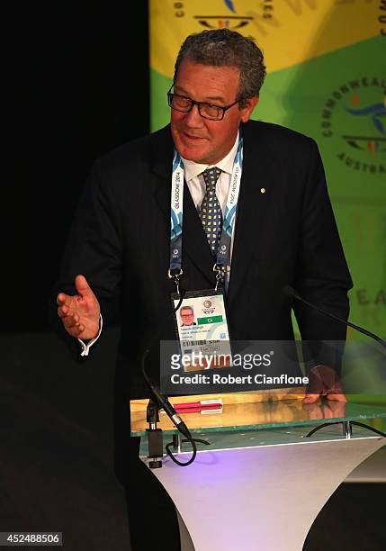 High Commissioner to the United Kingdom Alexander Downer speaks to the Australian team during the Australian Commonwealth Games official team...