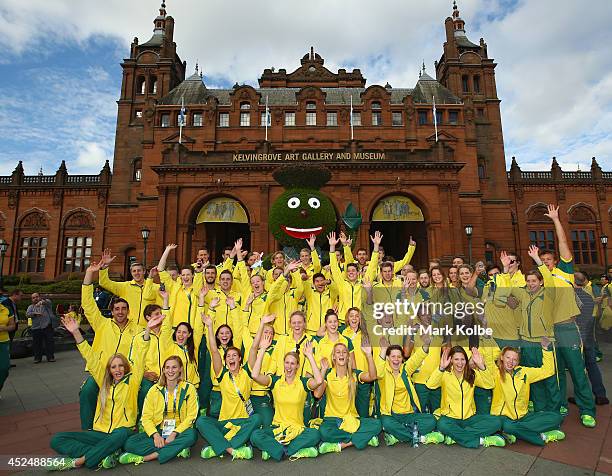 The Australian swim team pose before the Australian Commonwealth Games official team reception at the Kelvin Grove Art Gallery and Museum on July 21,...