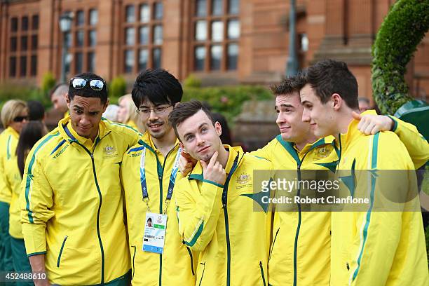 The Men's gymnastics team pose during the Australian Commonwealth Games official team reception at the Kelvin Grove Art Gallery and Museum on July...