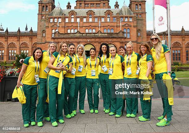 The Australian netball team pose before the Australian Commonwealth Games official team reception at the Kelvin Grove Art Gallery and Museum on July...