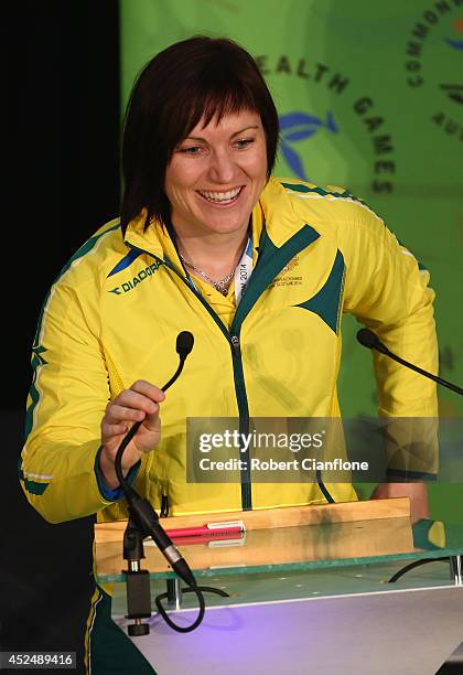 Anna Meares of Australia speaks after she was announced as the flag bearer for the opening ceremony during the Australian Commonwealth Games official...