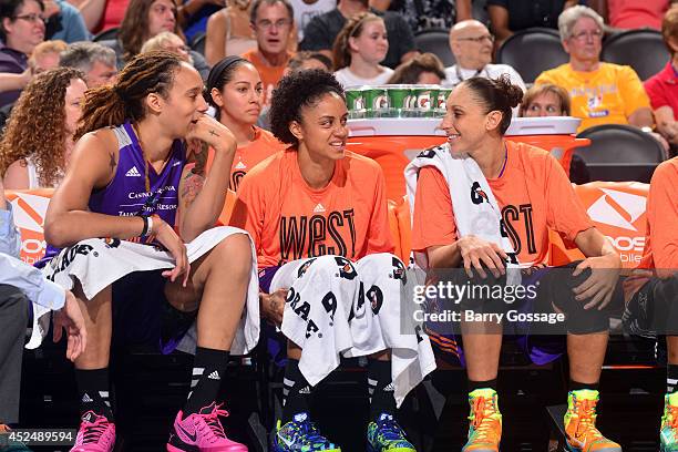 Brittney Griner, Candice Dupree and Diana Taurasi of the Western Conference All-Stars sit on the bench during the 2014 Boost Mobile WNBA All-Star...