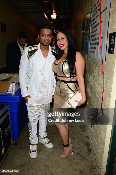 Don Miguelo and Val backstage at Premios Juventud 2014 Awards at Bank United Center on July 17, 2014 in Miami, Florida.