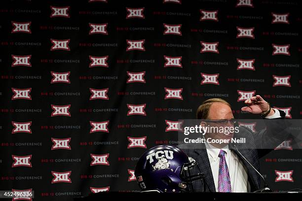 Head coach Gary Patterson speaks during the Big 12 Media Day on July 21, 2014 at the Omni Hotel in Dallas, Texas.