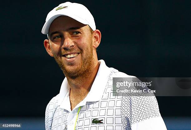 Dudi Sela of Israel reacts after winning a point against Donald Young during the BB&T Atlanta Open at Atlantic Station on July 21, 2014 in Atlanta,...