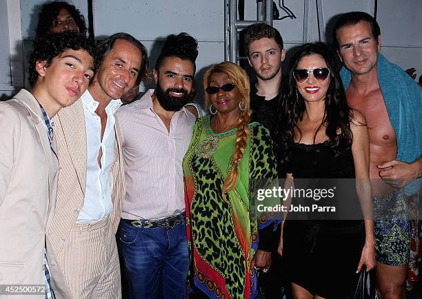 Alex Sidi, Frederic Marq, designer A.Z Araujo, Janice Combs, Adriana De Moura and Vincent De Paul pose backstage at the A.Z Araujo show during...