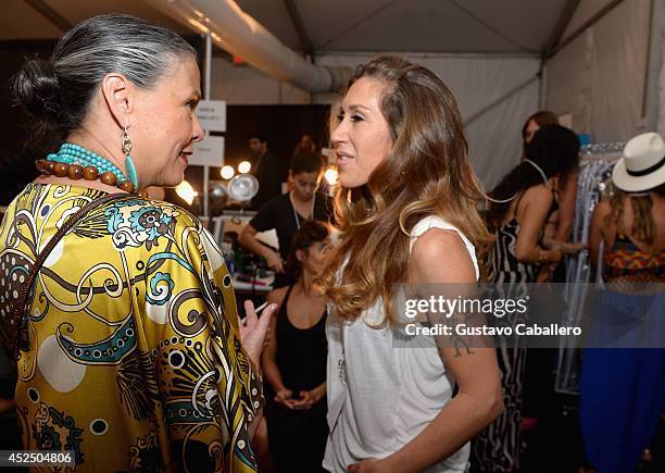 Designer Libby De Santis prepares backstae at Indah fashion show during Mercedes-Benz Fashion Week Swim 2015 at Cabana Grande at the Raleigh Hotel on...