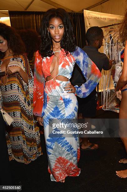 Model poses backstae at Indah fashion show during Mercedes-Benz Fashion Week Swim 2015 at Cabana Grande at the Raleigh Hotel on July 21, 2014 in...