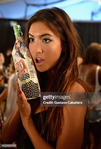 Model poses backstage at Indah fashion show during Mercedes-Benz Fashion Week Swim 2015 at Cabana Grande at the Raleigh Hotel on July 21, 2014 in...