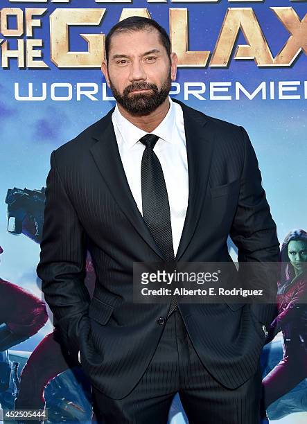 Actor Dave Bautista attends the after party for The World Premiere of Marvels epic space adventure Guardians of the Galaxy, directed by James Gunn...