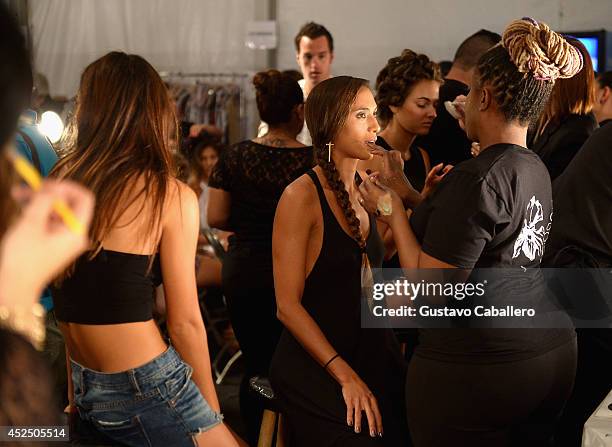 General view of atmosphere backstage at Indah fashion show during Mercedes-Benz Fashion Week Swim 2015 at Cabana Grande at the Raleigh Hotel on July...