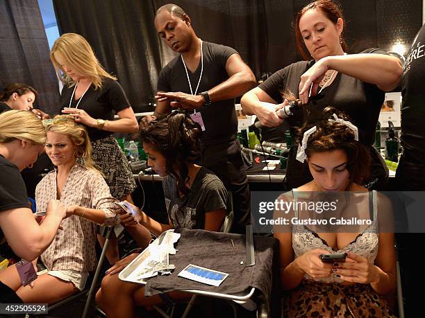 General view of atmosphere backstage at Indah fashion show during Mercedes-Benz Fashion Week Swim 2015 at Cabana Grande at the Raleigh Hotel on July...