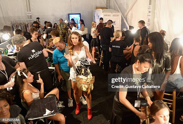 General view of atmosphere backstage at Indah fashion show during Mercedes-Benz Fashion Week Swim 2015 at Cabana Grande at the Raleigh Hotel on July...