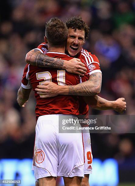 Darius Henderson of Nottingham Forest celebrates scoring the equalising goal during the Sky Bet Championship match between Nottingham Forest and...