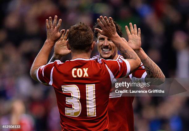 Darius Henderson of Nottingham Forest celebrates scoring the equalising goal with Simon Cox during the Sky Bet Championship match between Nottingham...