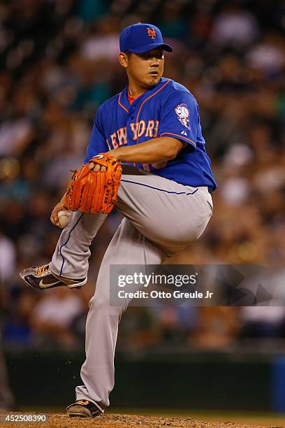 Relief pitcher Daisuke Matsuzaka of the New York Mets pitches in the seventh inning against the Seattle Mariners at Safeco Field on July 21, 2014 in...