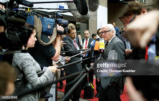 German Foreign Minister Frank-Walter Steinmeier speaks to the press on July 22, 2014 before joining a meeting of the EU Foreign Ministers in...