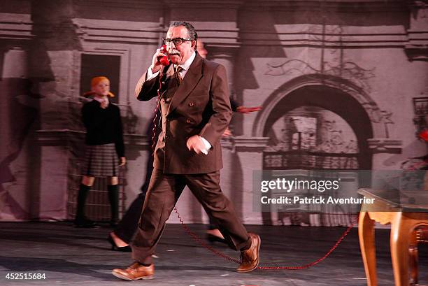 Actors of La Re-Sentida Chilean theatre company perform during a scene from 'La Imaginacion Del Futuro' directed by Marco Layera on July 16, 2014 in...