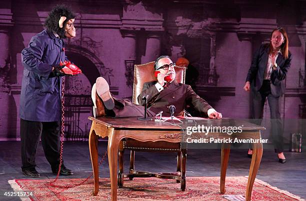 Actors of La Re-Sentida Chilean theatre company perform during a scene from 'La Imaginacion Del Futuro' directed by Marco Layera on July 16, 2014 in...