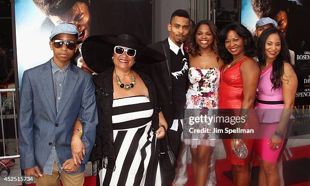 James Brown's second wife Deidre 'Deedee' Jenkins, 2nd from left, and his family attend the "Get On Up" premiere at The Apollo Theater on July 21,...