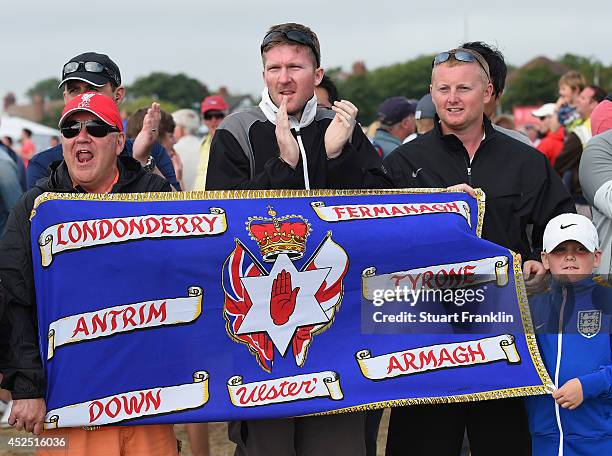 Irish golf fans support Rory McIlroy during the final round of the 143rd Open Championship at Royal Liverpool on July 20, 2014 in Hoylake, England.