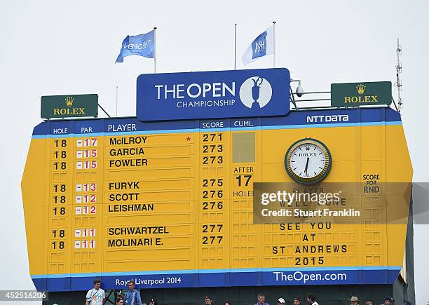 Scoreboard on the 18th green shows a congratulatory message for Rory McIlroy of Northern Ireland after his win in the 143rd Open Championship at...