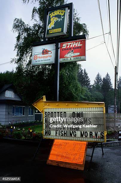 Washington, Olympic Peninsula, Forks, Logger's Protest Sign, Spotted Owl Issue.