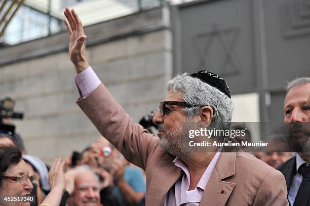 Musican Enrico Macias attends the Sarcelles Synagogue for a inter faith service on July 21, 2014 in Sarcelles, France. Demonstrations by...