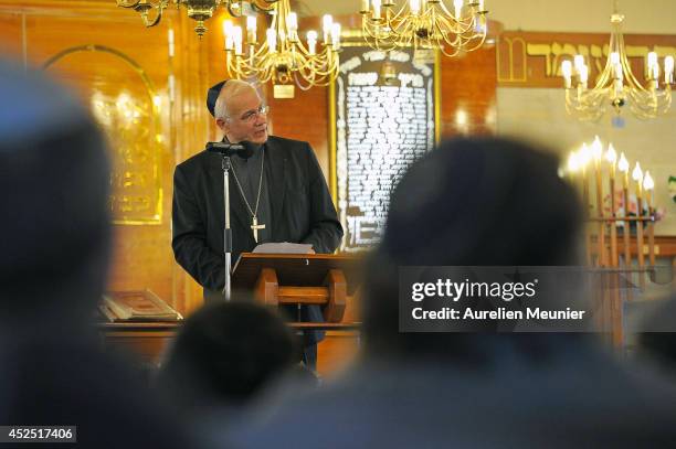 Monseigneur Stanislas Lalanne attends the Sarcelles Synagogue for a inter faith service on July 21, 2014 in Sarcelles, France. Demonstrations by...