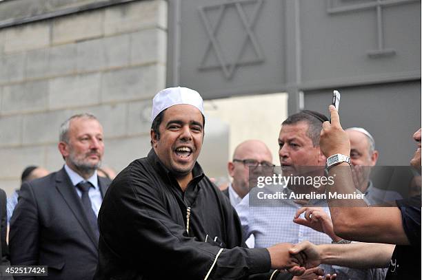 Imam Rachid Birbach attends the Sarcelles Synagogue for a inter faith service on July 21, 2014 in Sarcelles, France. Demonstrations by...