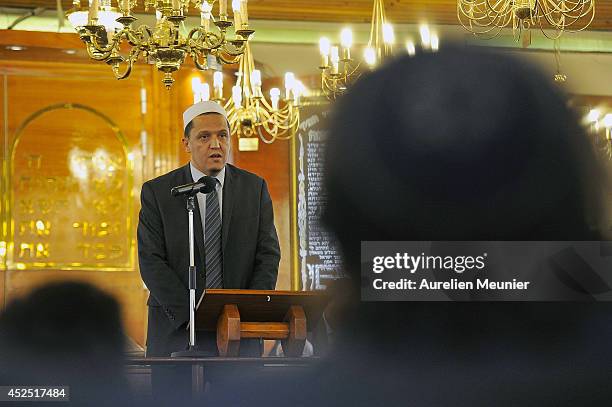 Imam Hassen Chalghoumi attends the Sarcelles Synagogue for a inter faith service on July 21, 2014 in Sarcelles, France. Demonstrations by...